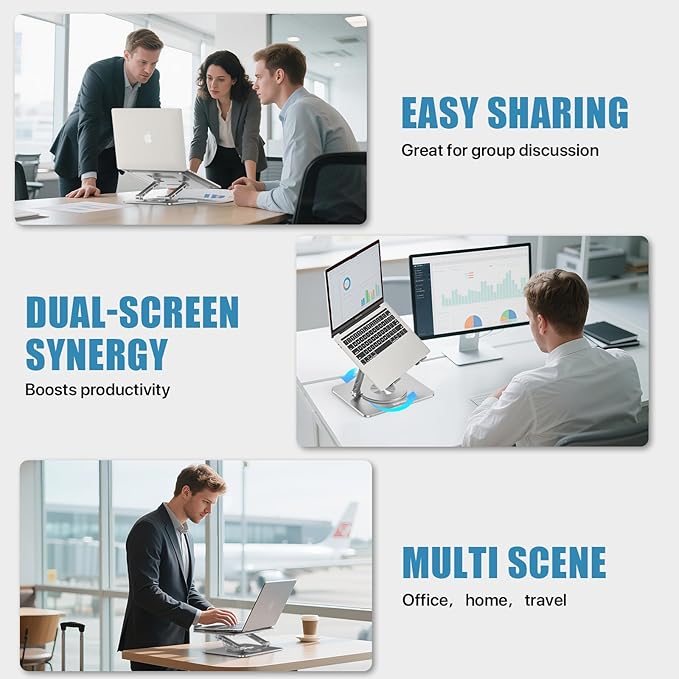 Laptop Stand for Desk, Adjustable Height & Angle Portable Aluminum Laptop Riser & Monitor Stand with 360° Swivel, Foldable Ergonomic Computer Stand for 10-17 Inch Laptops (MacBook/Dell/HP), Silver.