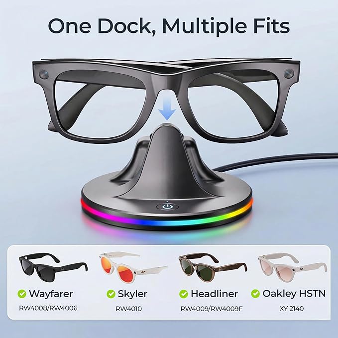 Charging Dock for Meta Ray-Ban Glasses, Charging Stand Compatible with Wayfarer, Skyler, Headliner & Oakley Meta HSTN, with USB-C Cable and 7-Color RGB, Black