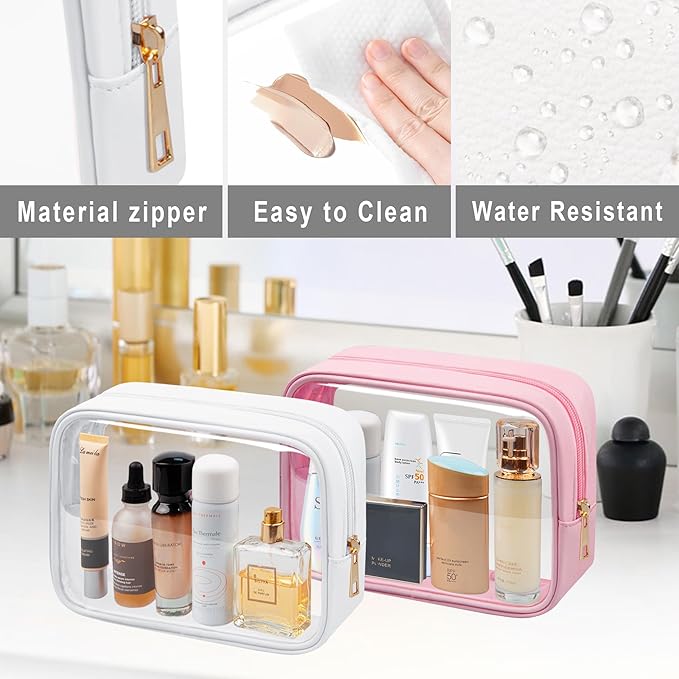 TSA Toiletry Bag Clear Makeup Bag Travel Essentials Cosmetic Bag for Men and Women(White+Pink)
