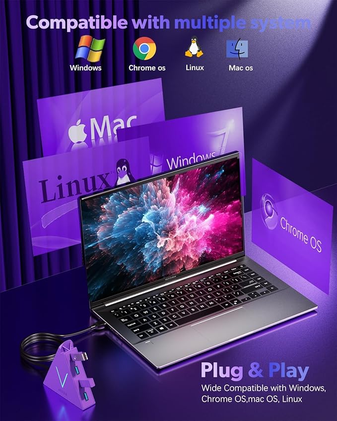 4-Port USB 3.0 Hub, FlyingVHUB USB Hub Tower with 2 ft Extended Cable,USB Splitter for Laptop,PC,PS4,PS5,Xbox,Mouse,Keyboard, Flash Drive,U-Disk (Dark Purple)