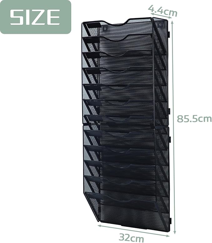 12 Tier Mesh Hanging File Organizer Vertical Wall File Organizer Wall File Holder for Office School Home, Black