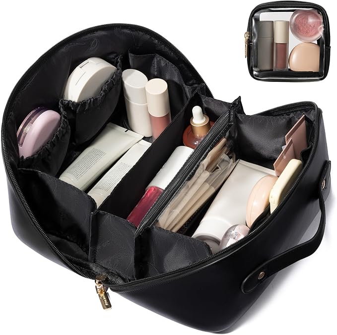 LOVEVOOK Travel Makeup Bag for Women, 2Pcs Large Capacity Cosmetic Organizer Bag, Waterproof PU Leather, Flat Open Portable Small Toiletry Pouch for Skincare, Brushes & Travel Essentials