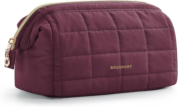 BAGSMART Puffy Padded Travel Makeup Bag, Wide-open Toiletry Bag, Plum Purple
