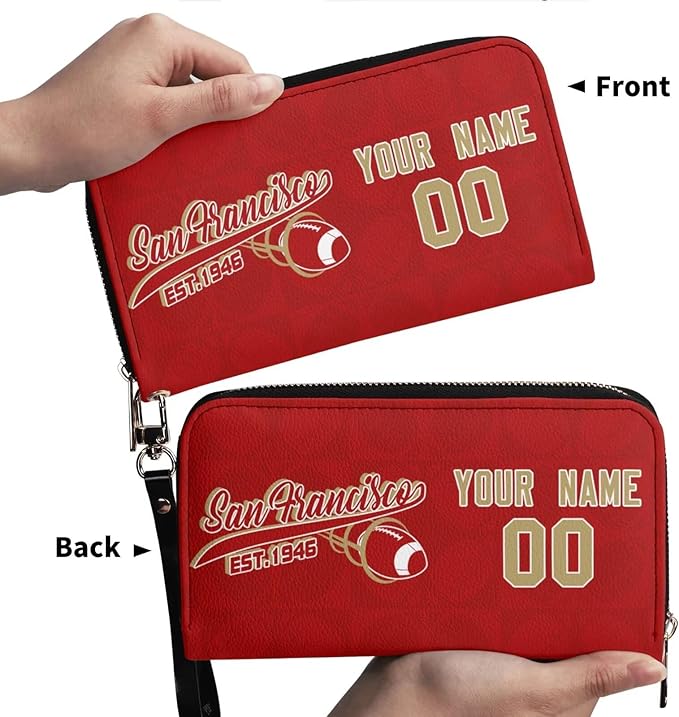 Custom Sports Team Zip Organizer Wallet-Personalized PU Leather Wallet with Name Number,Multi-Card Slots,Wrist Strap,Fan Gift for Men Women.