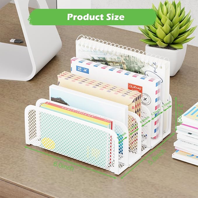 Mail Organizer Countertop, Metal File Holder with 5-Slot, Small Desk File Organizer for Letter, Bill, Mail Sorter, Desktop Letter Folder Holders for Office, Home, School (White)