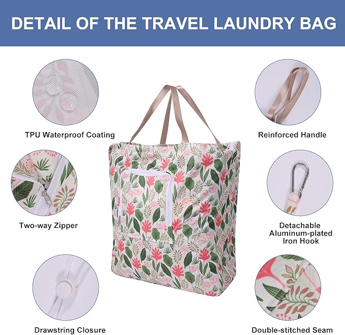 2 Pack Travel Laundry Bag with Handle and Drawstring, Expandable Foldable Dirty Clothes Bags with Hook and Zipper, Lightweight Waterproof Laundry Hamper Liner for Travel, Home, College Dorm,