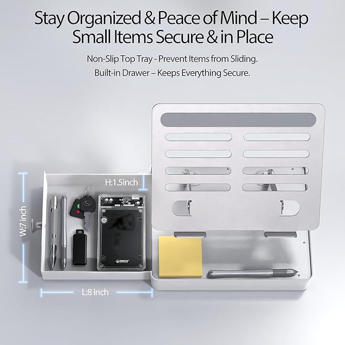 Laptop Stand with Storage Drawer, Adjustable Ergonomic Laptop Riser for Desk, Heavy-Duty Metal Stand for 10??6??Laptops, Space-Saving Desk Organizer for Remote Work & Home Office, Silver