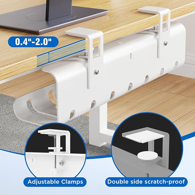 2 Pack No-Drill Under Desk Cable Management Tray 33.8 inch Large Wire Cord Organizers, Cable Management Under Desk for Home and Office No Damage White