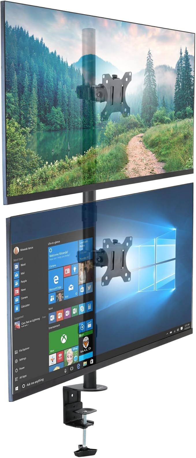 Mount-It! Vertical Dual Monitor Mount | Stacked Monitor Desk Stand | Fits 2 Computer Screens 19 20 21 22 23 24 27 32 Inches | C-Clamp and Grommet Bases | VESA 75 100 Compatible