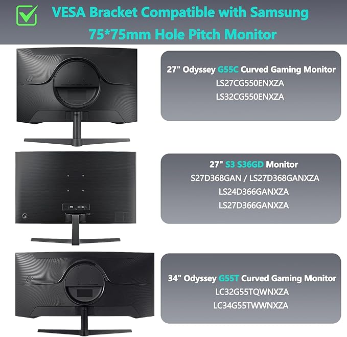 Odyssey G5 S36GD VESA Mount Adapter Compatible with Samsung Odyssey G5 G55C（LS27CG550ENXZA LS32CG550ENXZAï¼? G55T（LC34G55TWWNXZAï¼? S3 S36GD(LS27D366GANXZA), Monitor (75 * 75mm VESA)