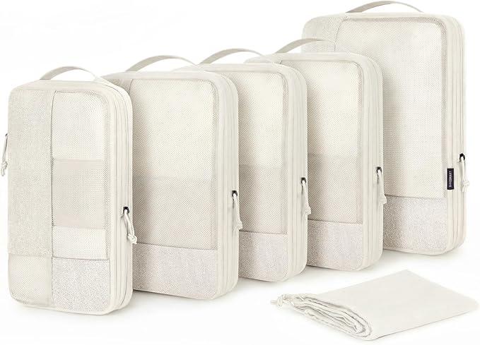 BAGSMART Compression Packing Cubes, Durable Travel Packing Cubes for Carry-On Suitcase, Lightweight Compressible Luggage Organizer Cruise Ship Travel Essentials, 6-Pack 1L+3M+1S+Shoe Bag, Light Beige