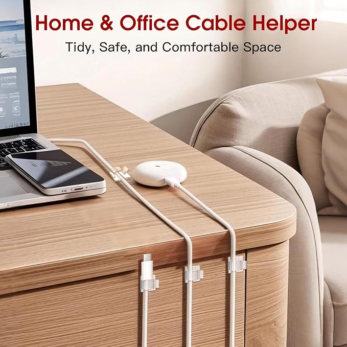 60PCS Adhesive Cable Clips, Heavy-Duty Cord Clips for Cable Management, Outdoor Christmas Light Clips Hooks, Traceless Clear Wire Holders Cord Organizer for Wall, Desk, LED, Car(Small)