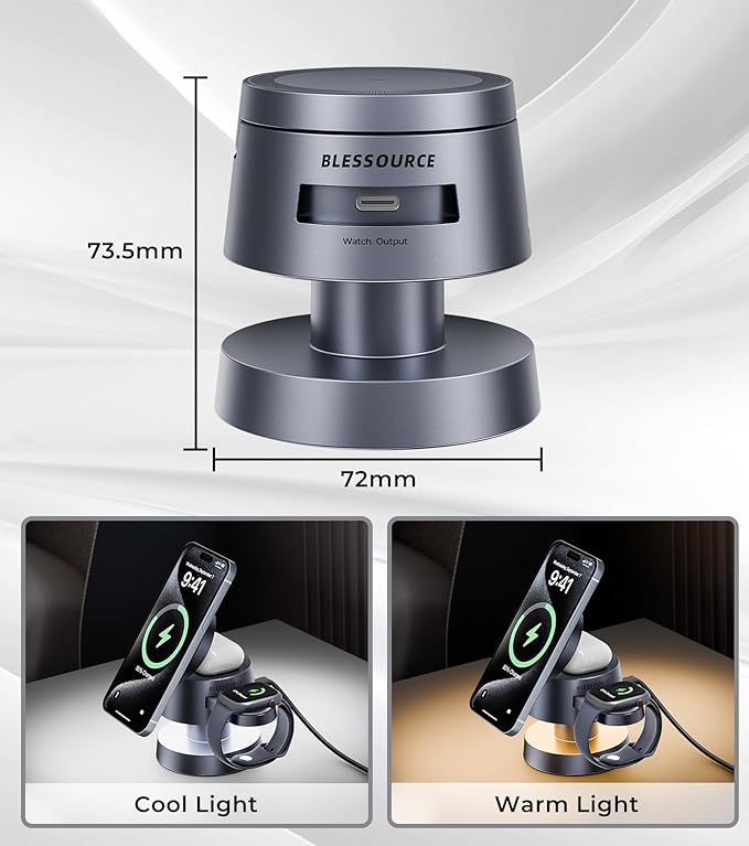 4-in-1 Magnetic Wireless Charging Station for iPhone 17/16/15/14 Pro Max, with Night Light Wireless Charging Station Fast Charging for Apple Watch, Earphones & Multiple Devices