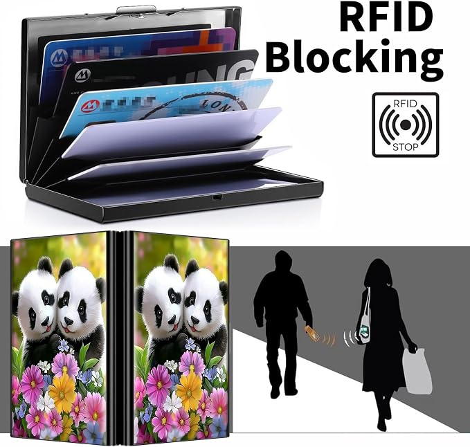 Metal Wallet, Credit Card Holder for Women Men Girls, RFID Blocking Aluminum Wallet Slim Hard Case, Mini Travel Wallet, ID Card Holder Business Card Case,Pandas