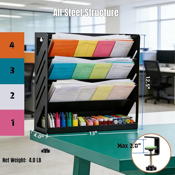 Yuxh Clamp on Desk File Organizer 4-Tier Wall Mail Holder Metal Hanging Paper Rack Black Office Bills Storage with Bottom Tray, Clip on Table Shelf 13" Wall Mount Stand, Stable without Shaking