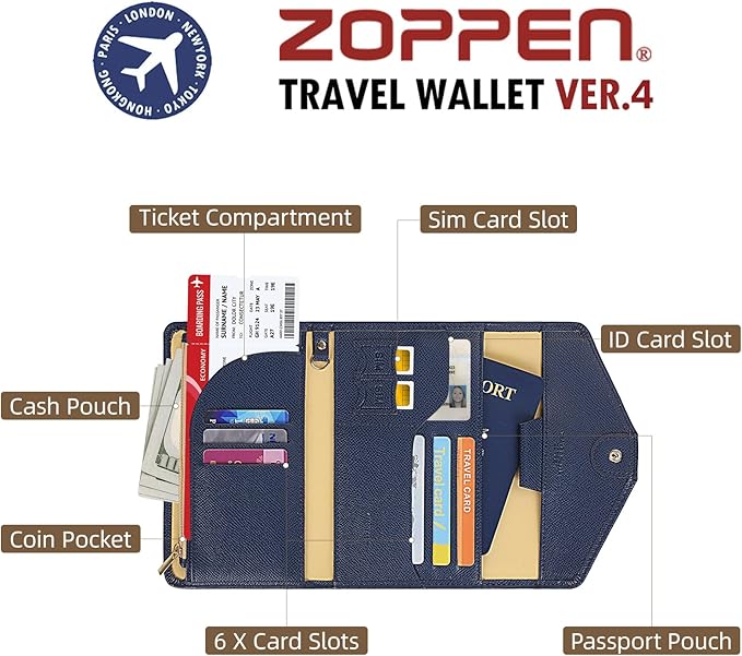 ZOPPEN Mulit-purpose Rfid Blocking Passport Holder Travel Wallet (Ver.4) Passport and Vaccine Card Holder ComboTri-fold Document Organizer Travel Essentials