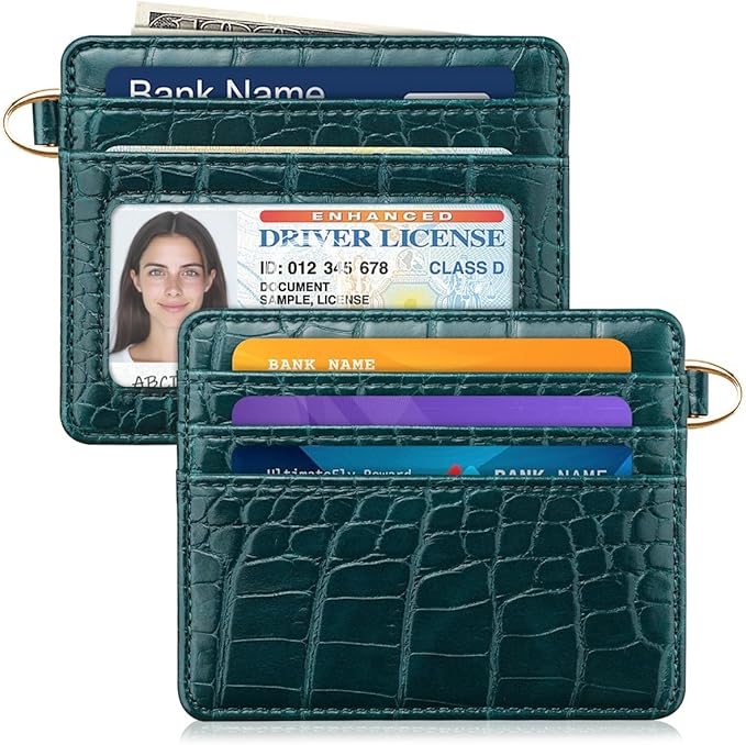 Slim Credit Card Holder Crocodile Wallet Women Thin Alligator Wallets RFID Blocking Minimalist Lightweight Small Cute Cards Holders with ID Window, Dark Green