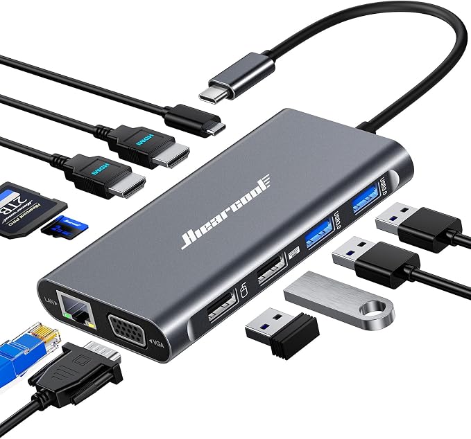 Hiearcool USB-C Docking Station for Laptop, Triple Display Dock with 4K HDMI & 1080p VGA, 11-in-1 USB-C Dock with Ethernet, 100W Charging for Home Office