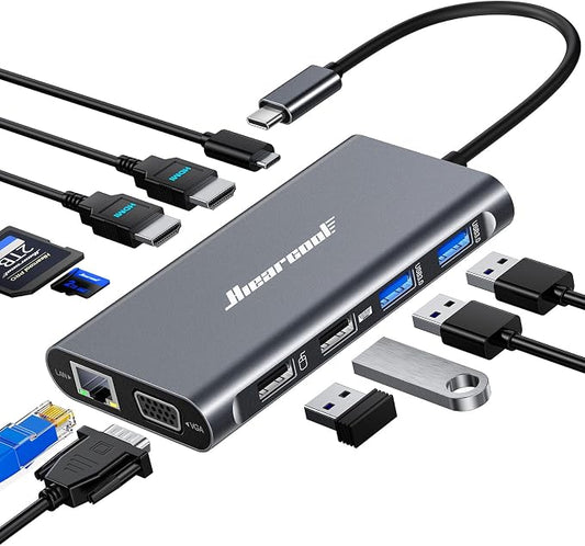 Hiearcool USB-C Docking Station for Laptop, Triple Display Dock with 4K HDMI & 1080p VGA, 11-in-1 USB-C Dock with Ethernet, 100W Charging for Home Office