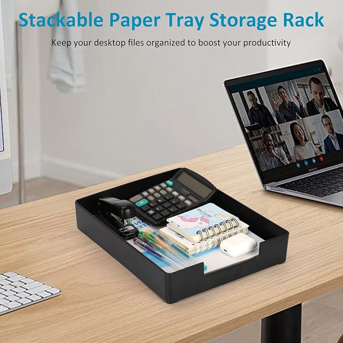 Letter Tray, Desk Organizer Tray, A4 Plastic Paper Tray Organizer for Desk, Stackable Rectangular Inbox Mail File Holder, Drawer Organizer for Desk Accessories Office School Home Supplies (Black)