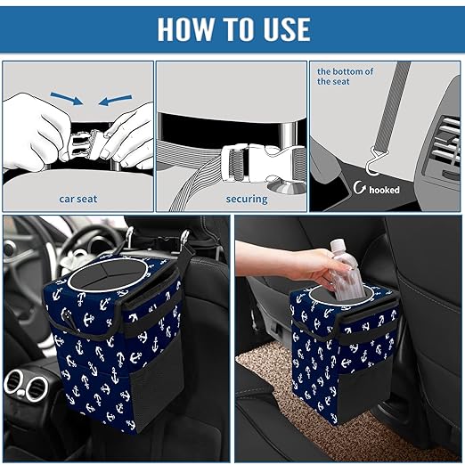 Car Trash Can Nautical Anchor Navy Blue Auto Garbage Bag Car Trash Can with Lid Leak-Proof Car Storage Bag Auto Garbage Bag Hanging for Headrest Collapsible and Portable with Storage Mesh Pocket