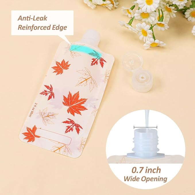 PACKISM 11 Pack Travel Pouches for Toiletries, 3 oz TSA Approved Liquid Containers, Leak Proof Squeeze Bags for Cruise & Camping, Space Saving Refillable Carriers, Active Yellow Lemon Red Maple Leaf