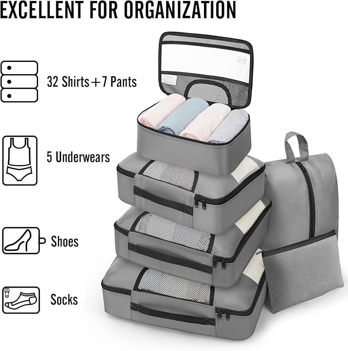 Veken 8 Set Packing Cubes for Travel Essentials, Suitcase Organizer Bags in 4 Sizes, Carry-On Luggage Accessories with Large Laundry & Hanging Toiletry Bag, Must-Have for Airplane, Road Trip & Camping