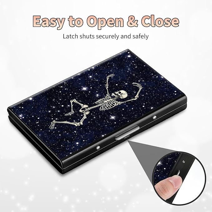 Slim Credit Card Holder, Dance Skull Skeleton RFID Blocking Metal Wallet for Men & Women, Aluminum Minimalist Hard Case Pocket-Sized Business Cards Organizer (Fits Up to 10 Cards)