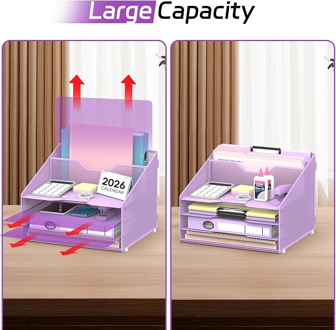 Desk File Organizer, 4 Letter Trays and 2 Upright Sections, Purple | Paper organizer for desk with tiered letter trays and upright file sections for home office, school and workspace use