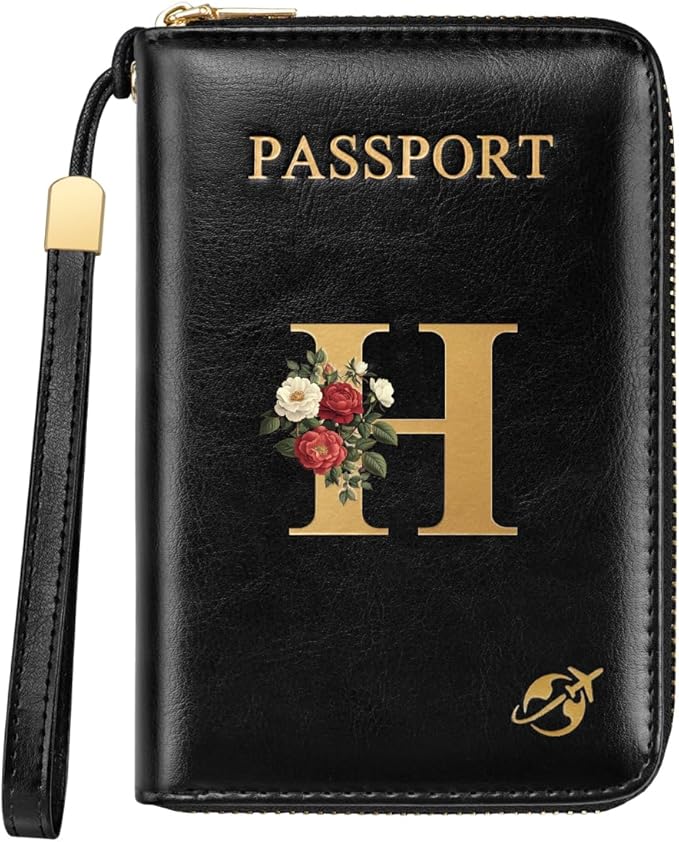 Passport Holder for Travel Wallet Women Zipper Wallets Personalized Passport Holder Cover Initial Letter Rose Flower Passport Book Holders RFID Blocking Credit Card Holder, H