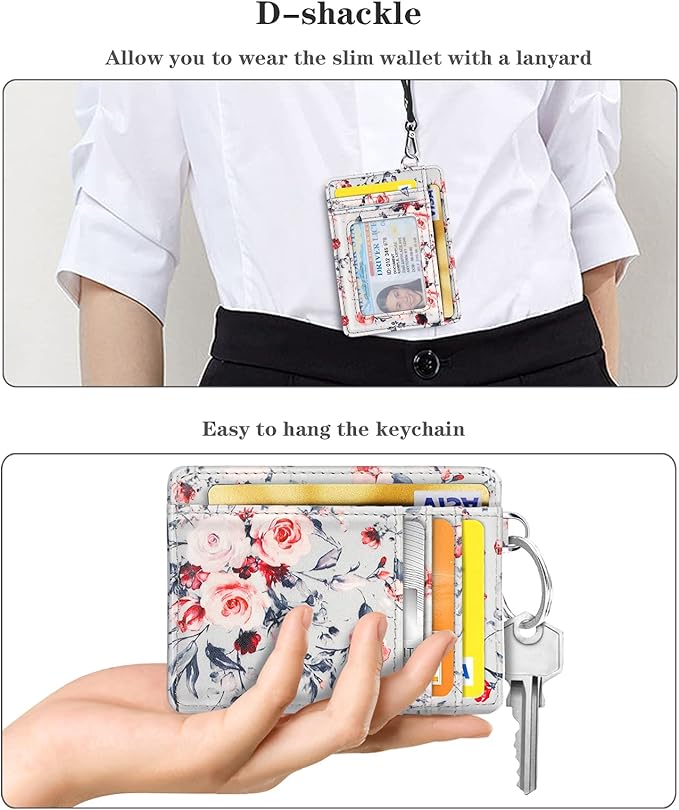 Coco Rossi Slim Front Pocket Wallet RFID ID Card Holder Cute Small Wallet with Keychian for Women,Grey Flowers