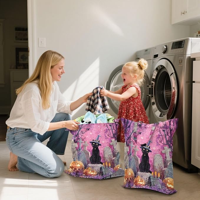 Travel Laundry Bags 2 PC Wet Dry Bag with Handle Dirty Clothes Organizer for Swimsuits Beach Camping Waterproof Washable Halloween Cat Tombstone Purple