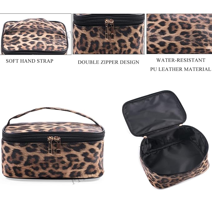 FITINI Makeup Bag Leopard 3 Pack Travel Toiletry Bag Portable Cosmetic Pouch Organizer with Small Brush Holders Gold Zipper Waterproof Storage Case for Women and Girls
