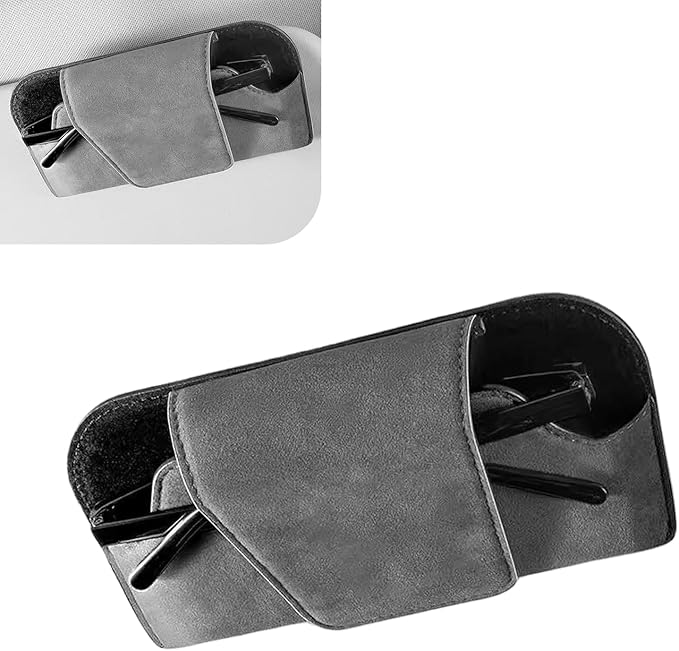 Car Visor Sunglass Holder, Suede Leather Visor Eyeglasses Holder with Clip, Car Interior Protective Glasses Storage Case, Universal for Most Cars (Gray)