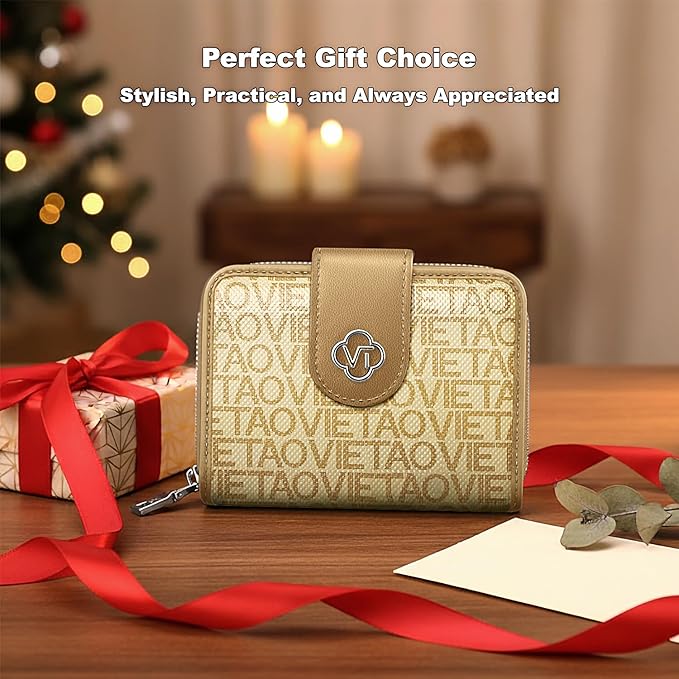 Credit Card Wallets for Women, Leather Cardholder with Zipper Around, Small Rfid Ladies Wallet, Accordion Compact Bifold Purse for Travel, 19 Card Slots, ID Window, Cash Organizer - Apricot