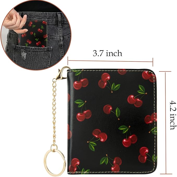AIRMORS Women's Small Bifold Wallet, Thin Pocket Credit Card Organizer with ID Window, Zipper Coin Pouch and Key Ring for Girls Travel Cute Small (Cherry)