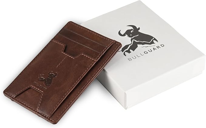 BULL GUARD Mens RFID Blocking Leather Slim Card Case Wallet with Easy Access ID windows, Cash & Card Slots, Crafted with Premium Top Grain Leather Ideal for Travel or Everyday Use (Forest Brown)