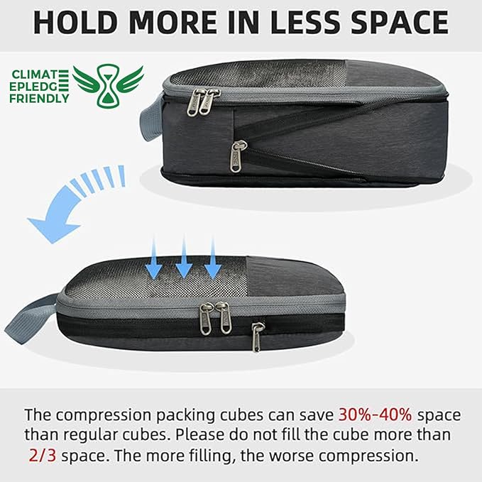 BAGAIL 6 Set Lightweight Compression Packing Cubes with Packing List, Anti-Tearing Expandable Organizer Bags for Travel, Dark Grey