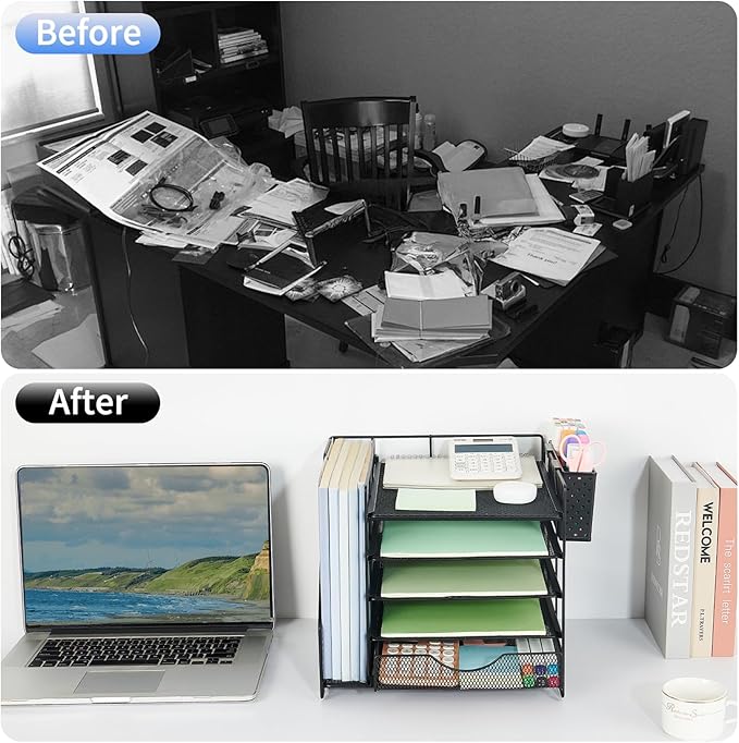 2-Tier Desk Shelf + 5-Tier Paper Letter Tray Organizer