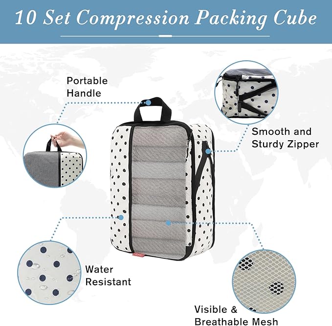 U+U 10 Set Compression Packing Cubes - Travel Organizers with Laundry Bag, Space-Saving Suitcase Organizer, Expandable Packing Organizers for Travel Essentials (Polka Dot)