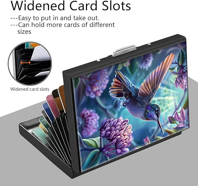 Credit Card Holder, Hummingbird Design Mini RFID Blocking Aluminum Wallet Slim Metal Hard Case Shell Travel Wallet ID Case Small Credit Cards Case Business Cards for Women Men Girls