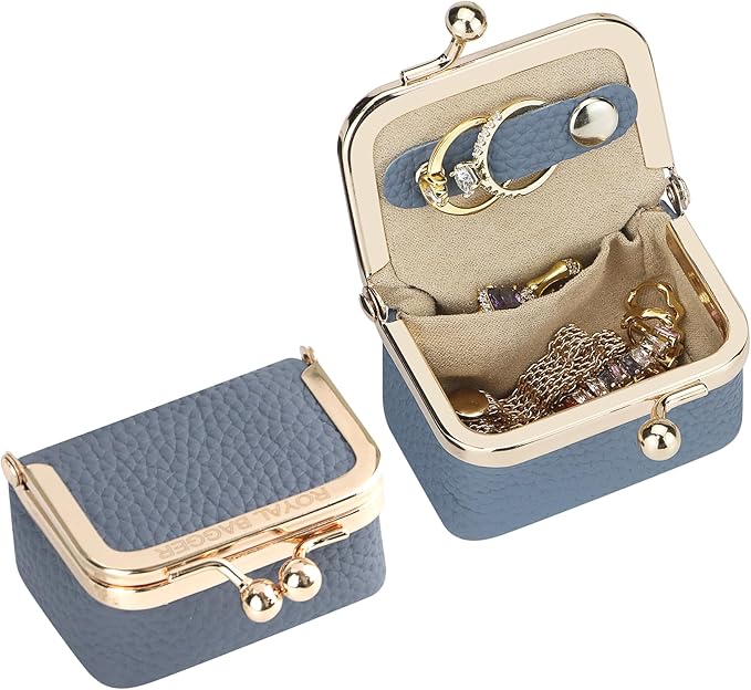 Royal Bagger Genuine Cow Leather Mini Jewelry Box Women's Coin Purse Solid Color Kiss Lock Change Pouch Casual Style Small Storage Bag for Women 1894 (Denim Blue)