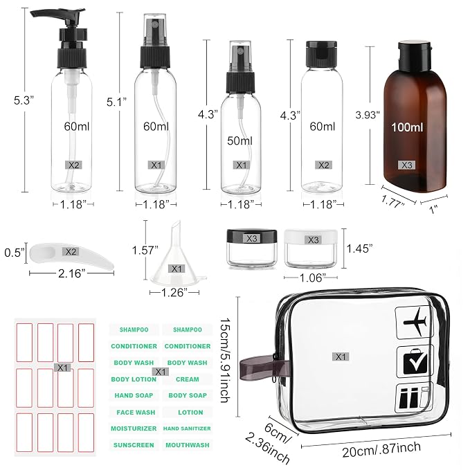 Cosywell Travel Size Bottles for Toiletries 20 Pack 2oz TSA Approved Toiletry Bottles Leak Proof Travel Kit for Women Men TSA Clear Toiletry Bag Shampoo Lotion Skincare Cosmetic Container（Black）