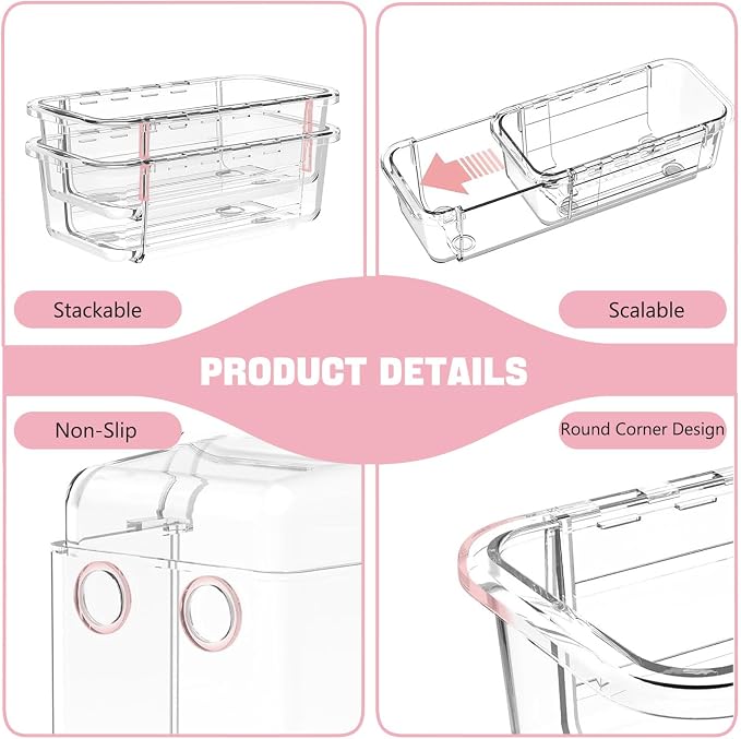 21 PCS Extendable Drawer Organizer Set, 3-Size Clear Stackable Vanity Storage Bins, BPA-Free Adjustable Non-Slip Acrylic Dressing Table Organizer Boxes for Makeup, Cosmetics, Office Supplies, Utensils