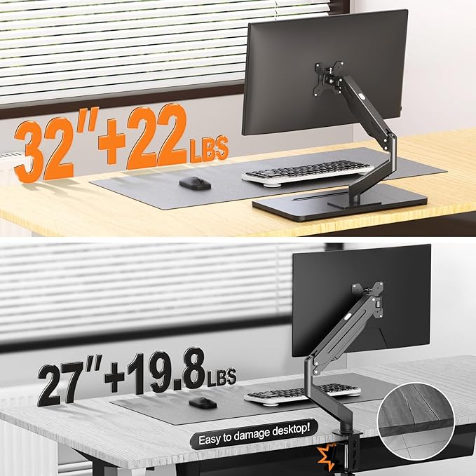 Pholiten Adjustable Monitor Arm with Gas Spring for 17-32 inch Screens,Pneumatic VESA Computer Mount with Base,Freestanding Full Motion Monitor Desk Stand Holds up to 22 lbs.