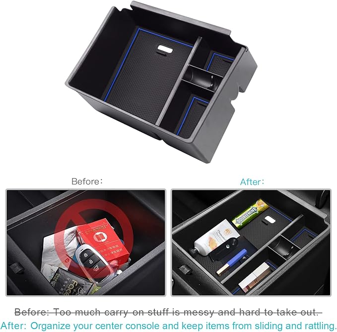 CDEFG Center Console Organizer Tray for 2022 2023 2024 Santa Cruz/ 2024 Tucson Limited Hybrid Armrest Storage Box Secondary Insert Tray Container 2024 Santa Cruz Tucson Limited Accessories (Blue Mat)