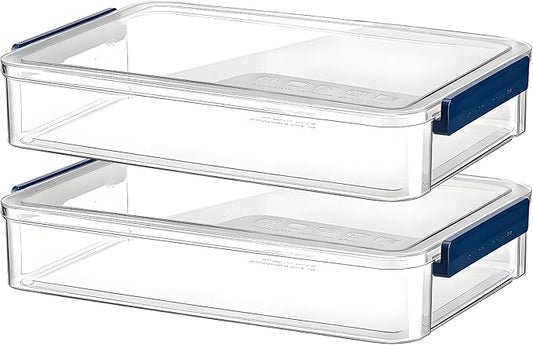 Clear Storage Box with Latch, 2 Pack, Stackable | Clear plastic project case with blue latch. Portable stackable storage for A4 files, scrapbooks, art supplies. Large size.