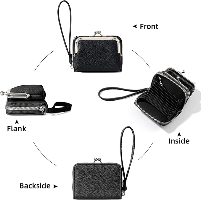 Women's Pebble Leather Wristlet Wallet, 2-in-1 Zip-Around Credit Card Holder with Kiss Lock Coin Purse, Cute Change Purse with Secure Clasp & Card Slots (Charcoal Black, Small)