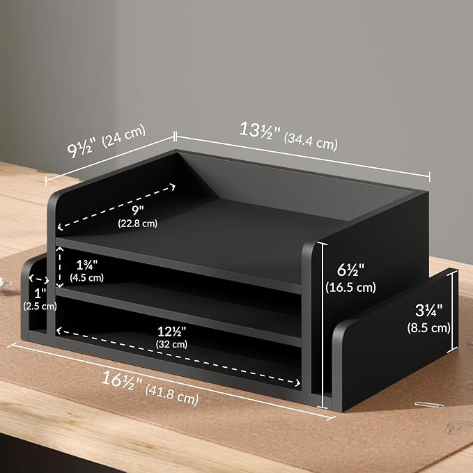 Ballucci 3-Tier Desk Organizer with 2 Side Mail Sorter Slots, Wood Letter Tray, Open Top Paper Organizer, Desktop File Organizer, Black