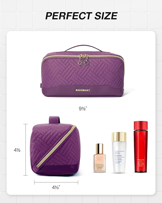 BAGSMART Makeup Bag Cosmetic Bag, Travel Makeup Bag,Water-resistent Makeup Bags for Women Portable Pouch Open Flat Make Up Organizer Bag for Toiletries, Brushes, Purple